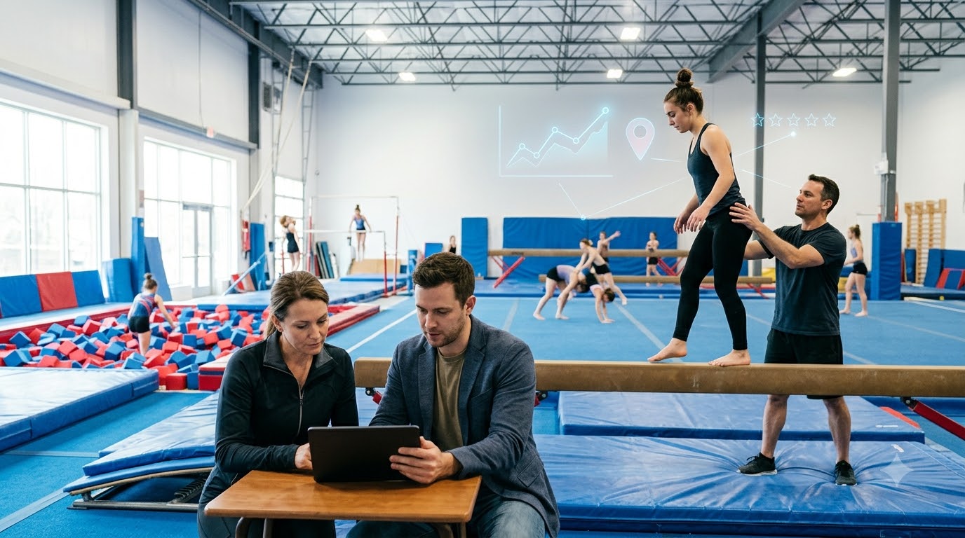 Gymnastics school owner and a marketing consultant reviewing results on a tablet