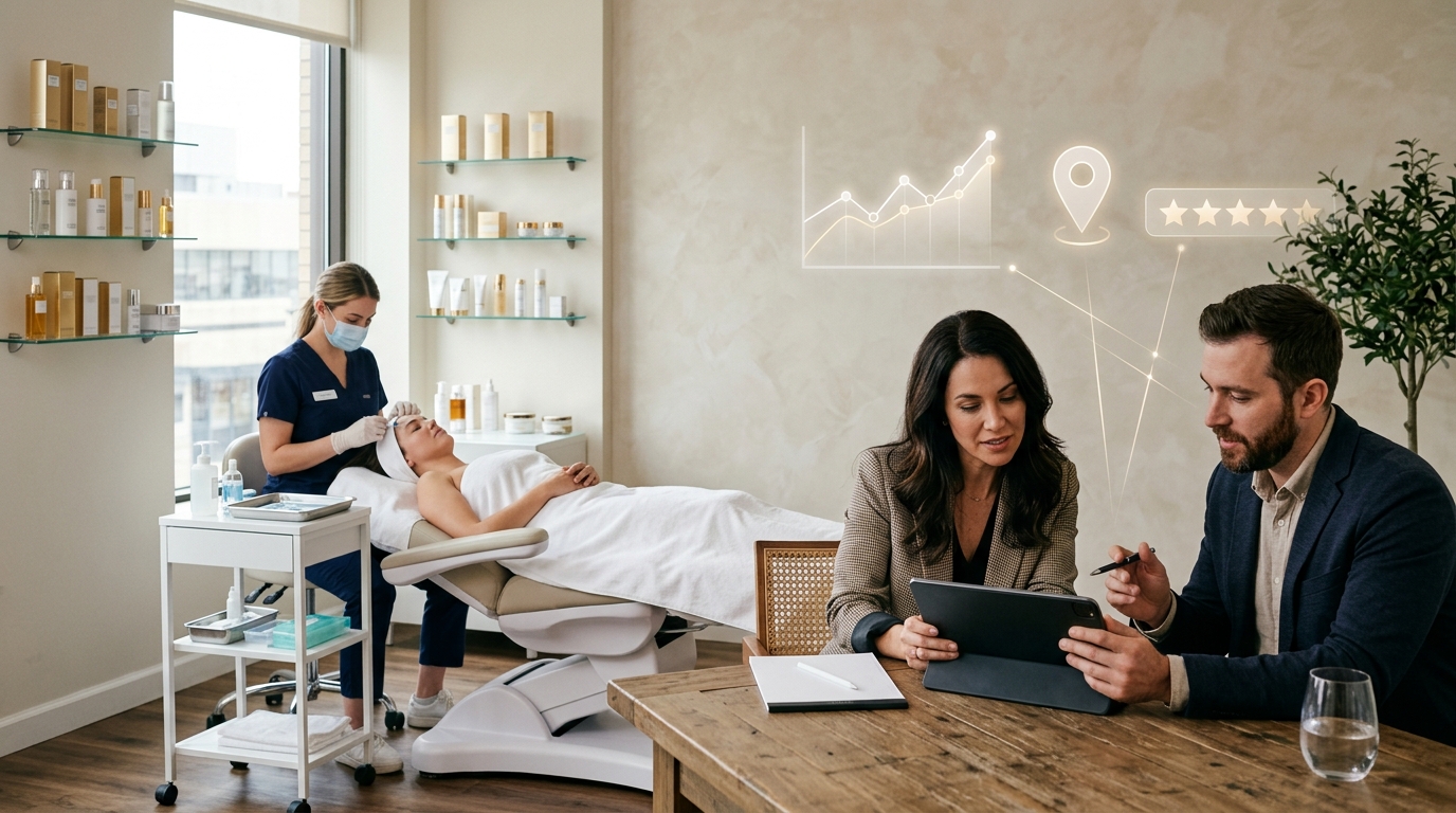 Medical spa owner and a marketing consultant reviewing results on a tablet