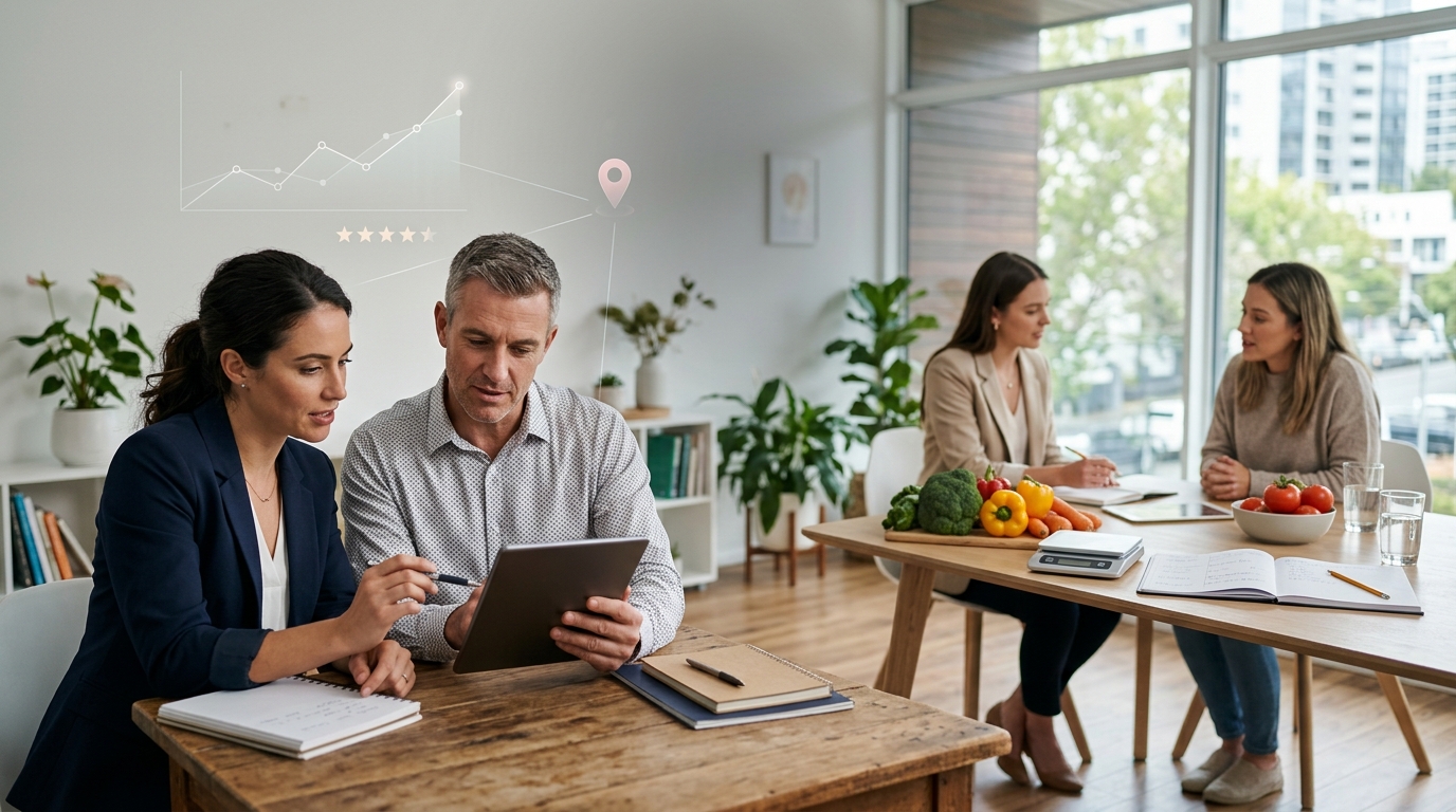 Nutrition practice owner and a marketing consultant reviewing results on a tablet