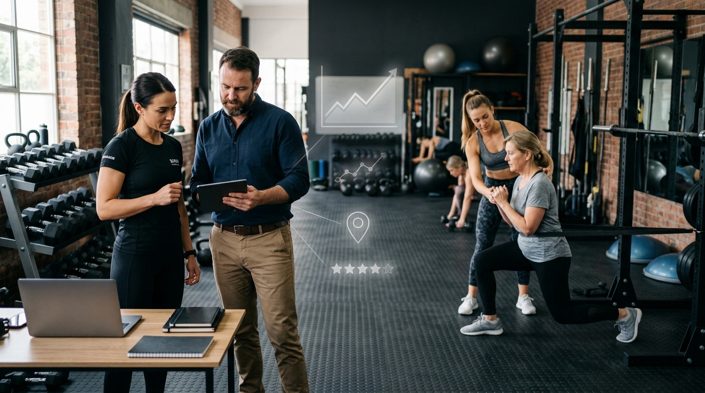 Personal training business owner and a marketing consultant reviewing results on a tablet