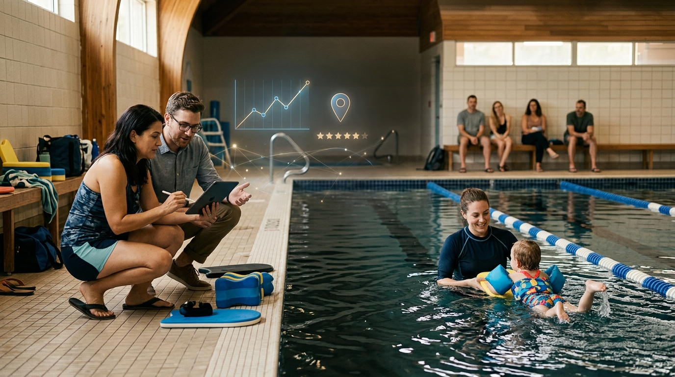 Swim school owner and a marketing consultant reviewing results on a tablet