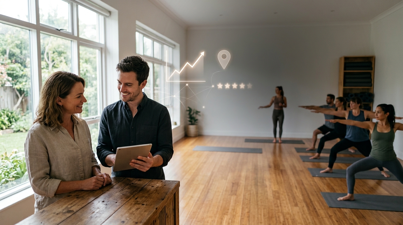 Yoga studio owner and a marketing consultant reviewing results on a tablet