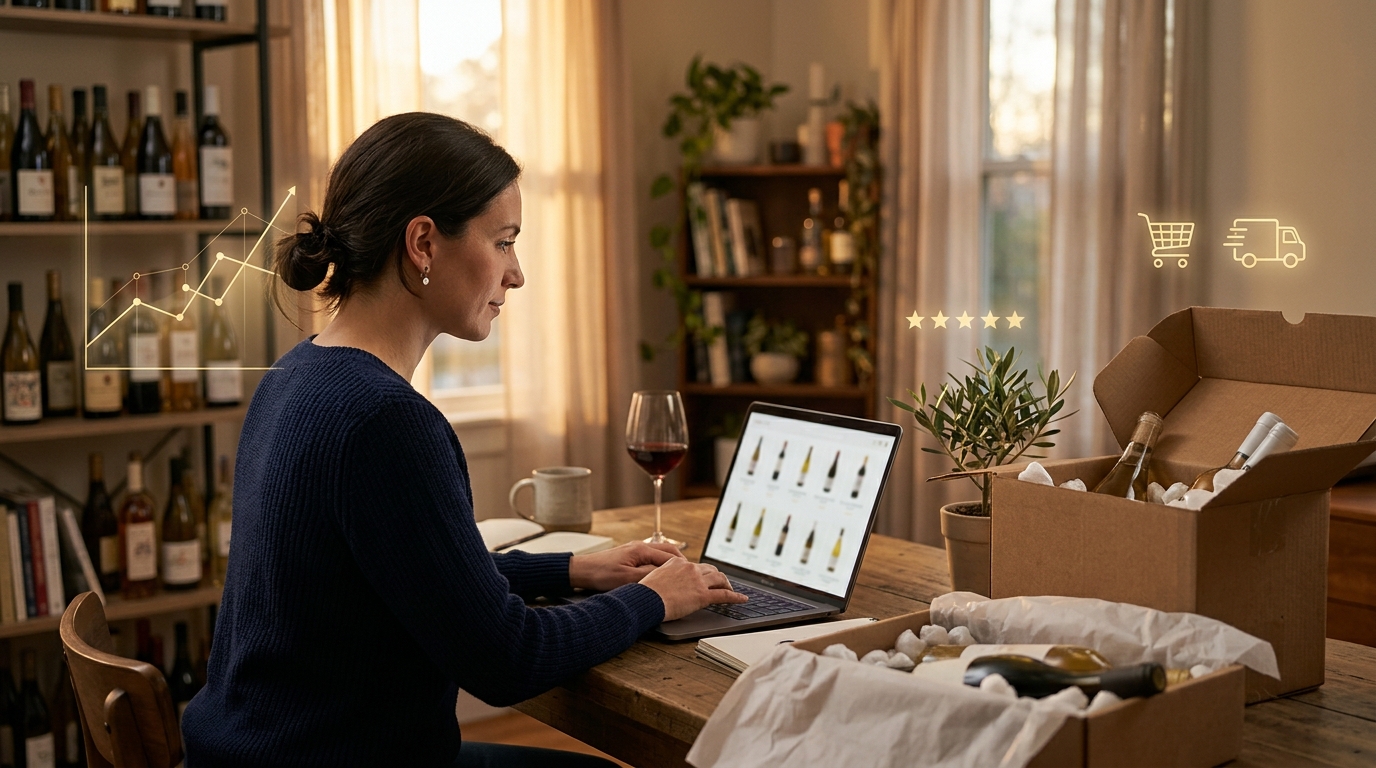 Founder of an online wine and spirits store reviewing orders on a laptop beside packed shipping boxes