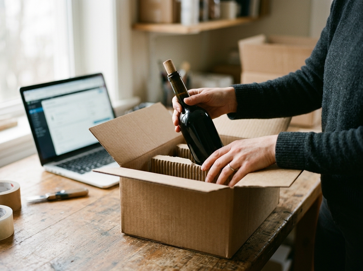 Packing a bottle of wine into a shipping box for an online order