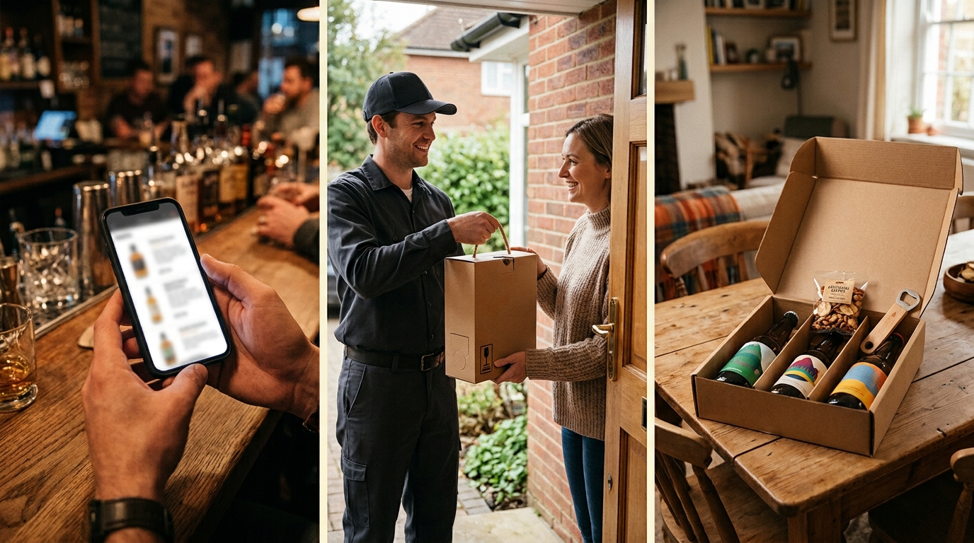 A customer ordering drinks on a phone, a courier handing over a delivery box and a gift box of bottles