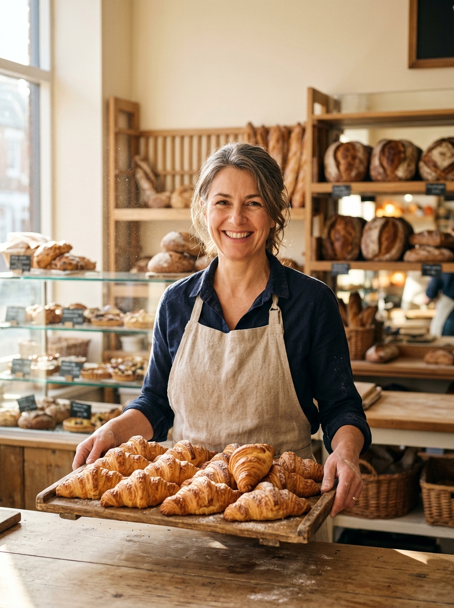 Smiling bakery owner holding a tray of fresh croissants in a sunlit artisan bakery