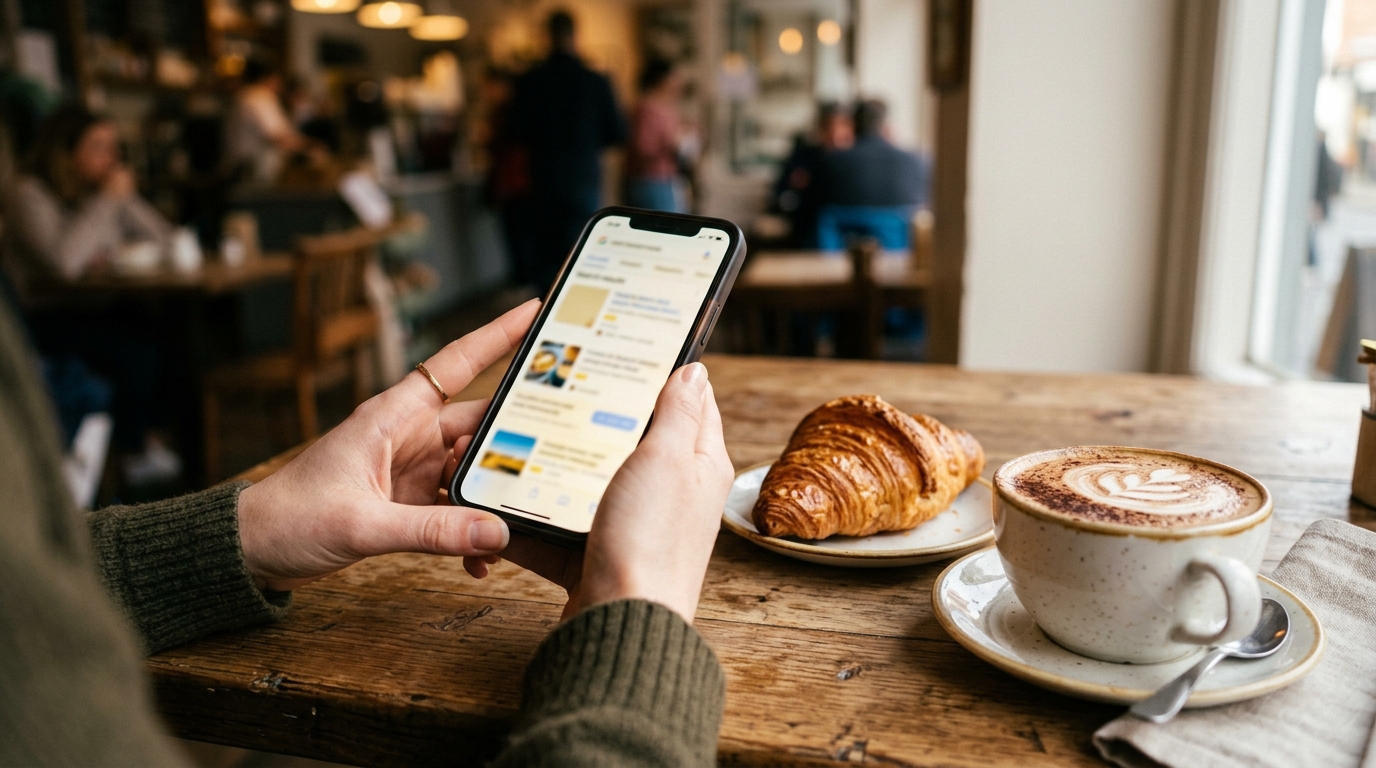 Customer searching for a local bakery on their phone next to a coffee and croissant