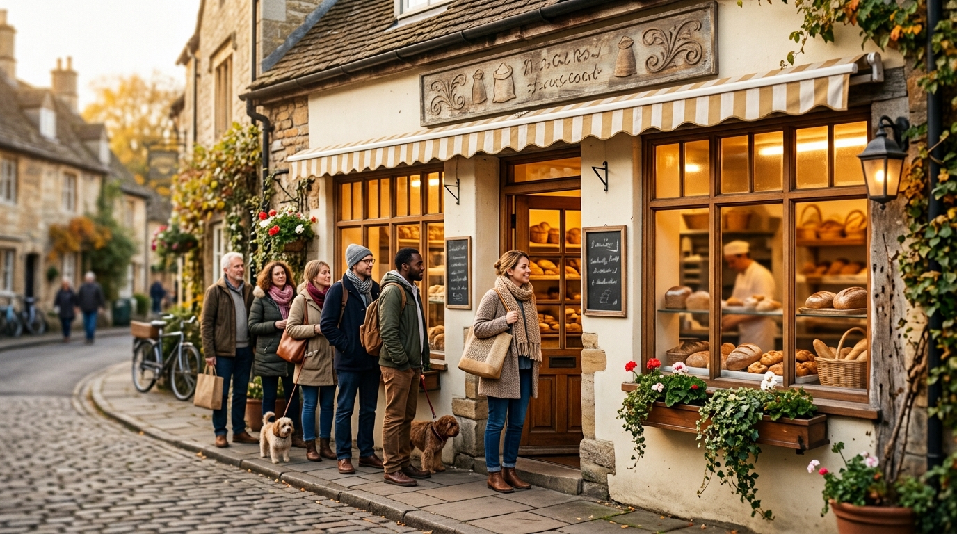 Customers queuing outside a neighbourhood bakery in the morning
