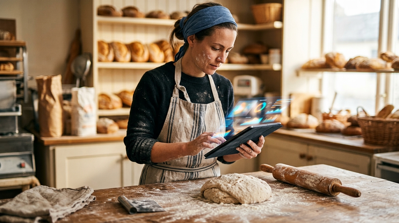 Baker checking website performance on a tablet at a flour-dusted workbench