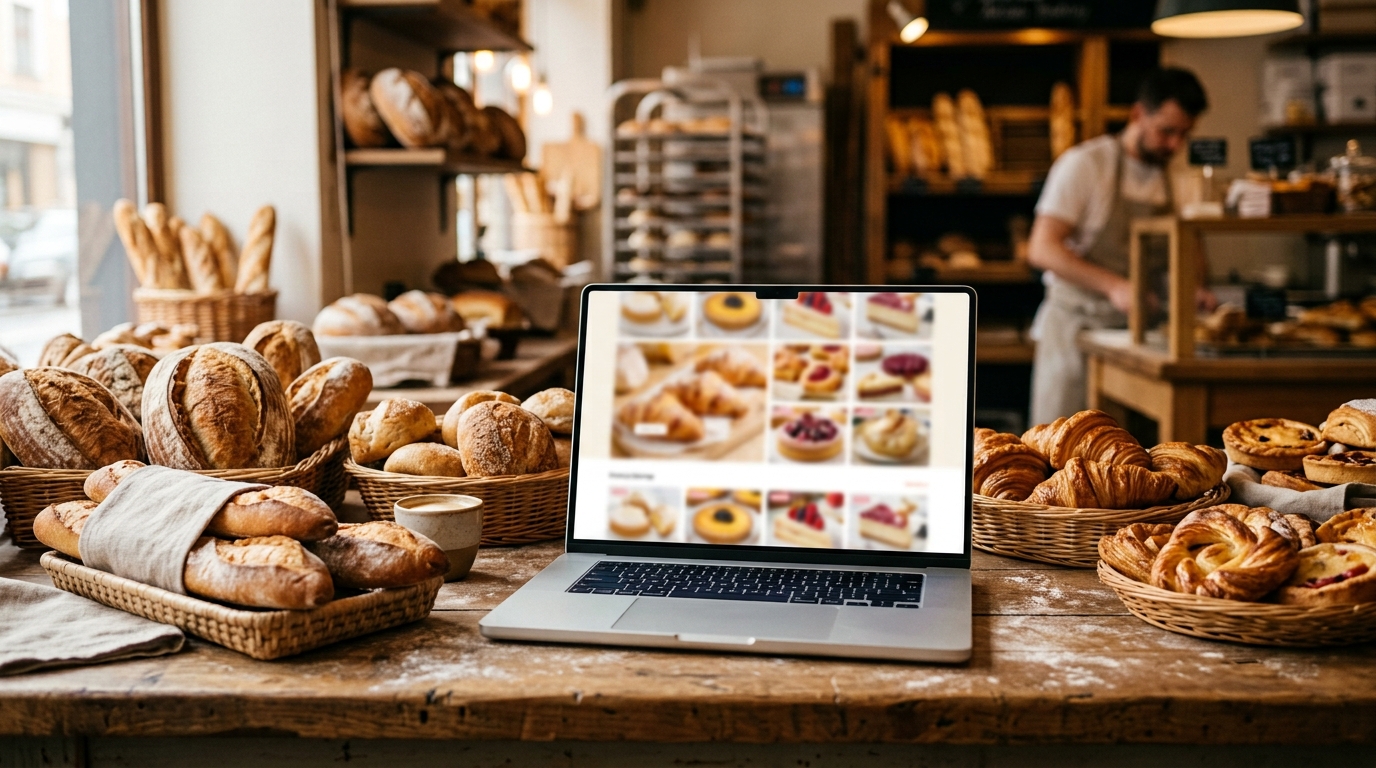 Laptop showing a bakery website on a counter surrounded by fresh loaves