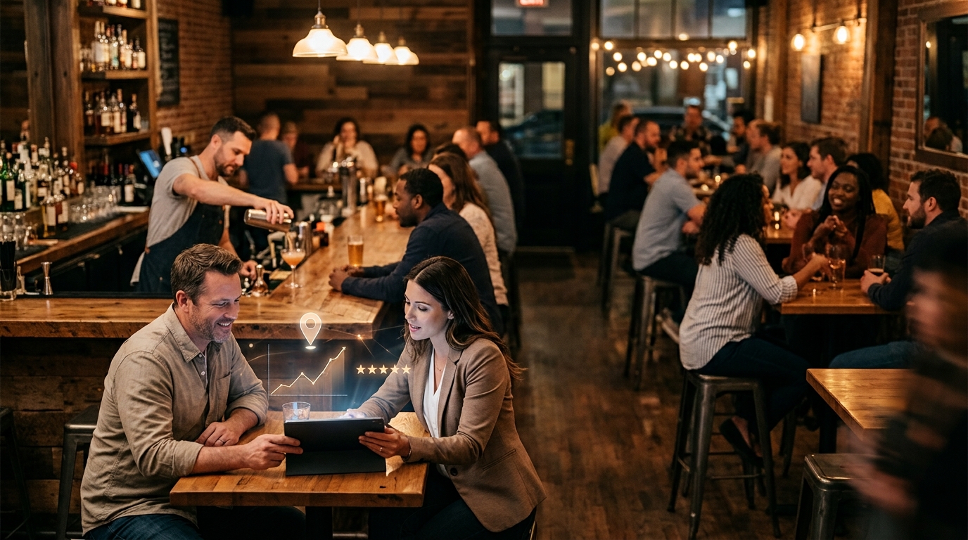 Bar owner and a marketing consultant reviewing local search results on a tablet in a busy bar
