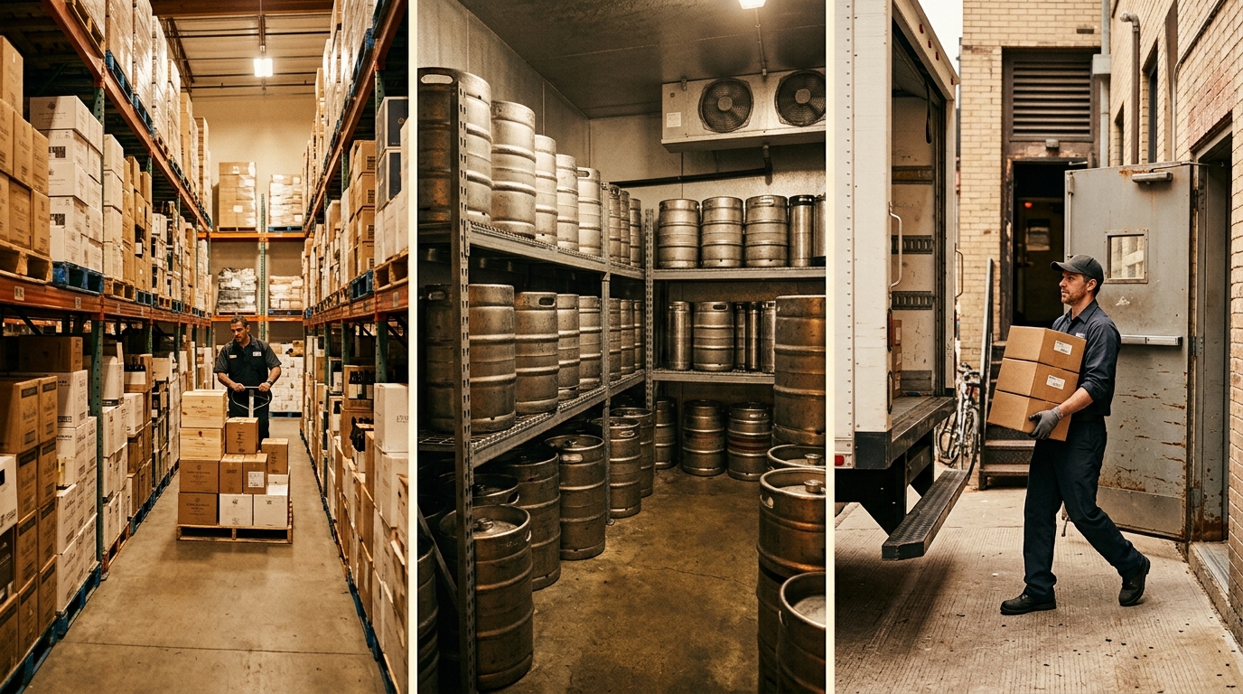 A wine distribution warehouse, a craft beer keg cold room and a restaurant delivery