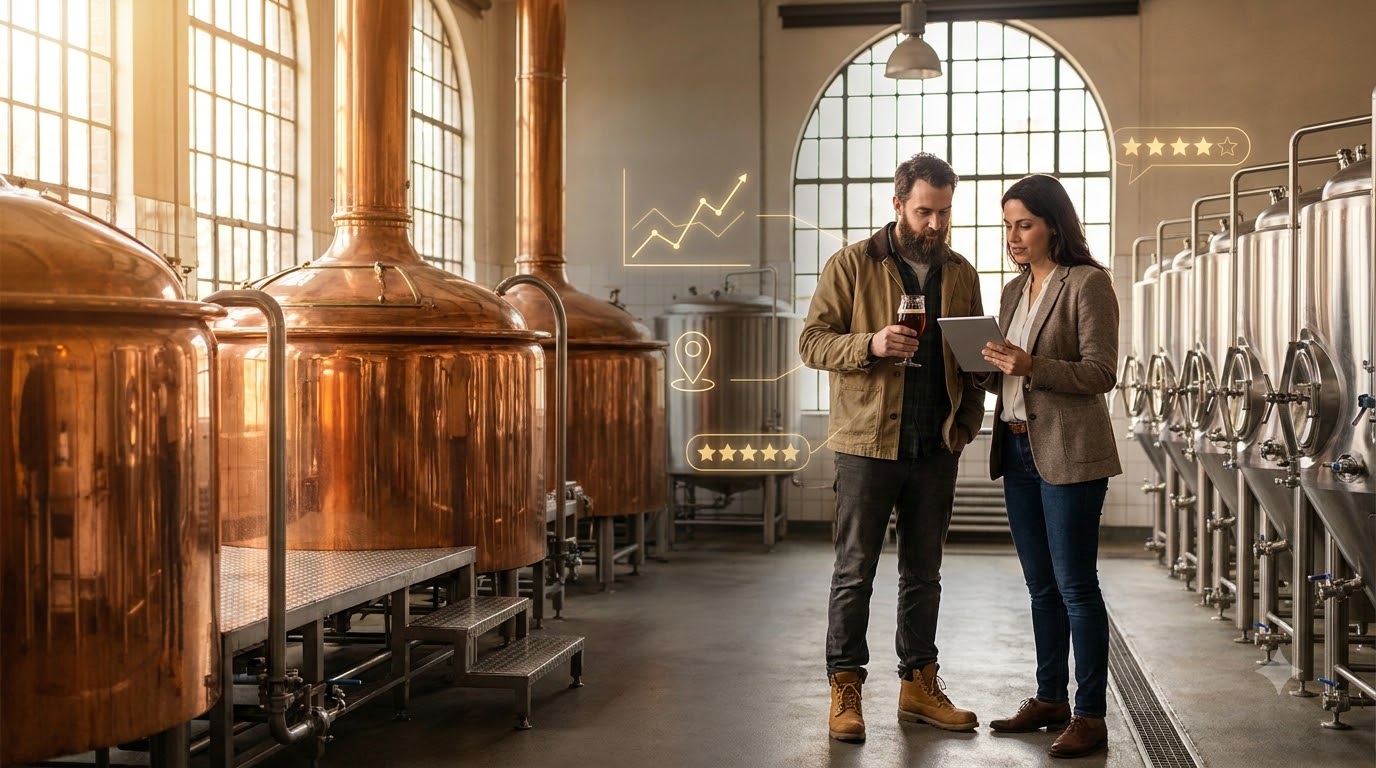 Head brewer and a marketing consultant reviewing growth results on a tablet on the brewery floor