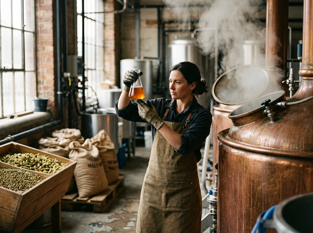 Brewer holding a fresh sample of amber beer up to the light beside a copper brew kettle
