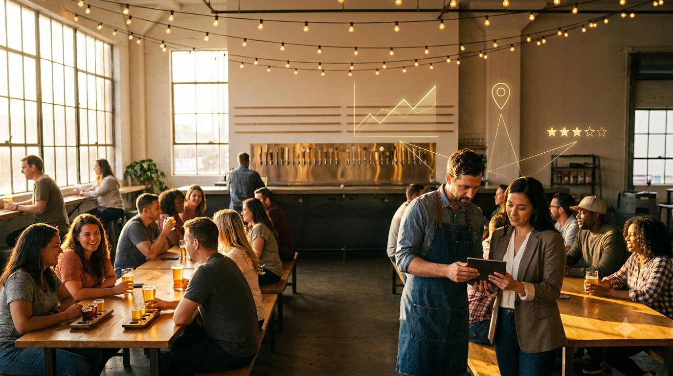 Busy brewery taproom at golden hour while the owner and a marketing consultant look at a tablet