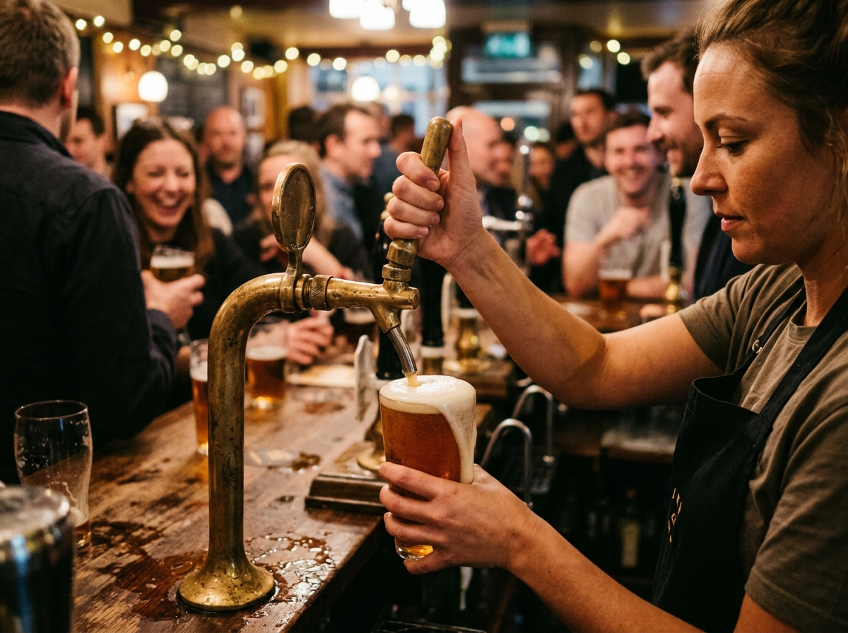 Bartender pulling a fresh pint from a brass tap in a crowded taproom