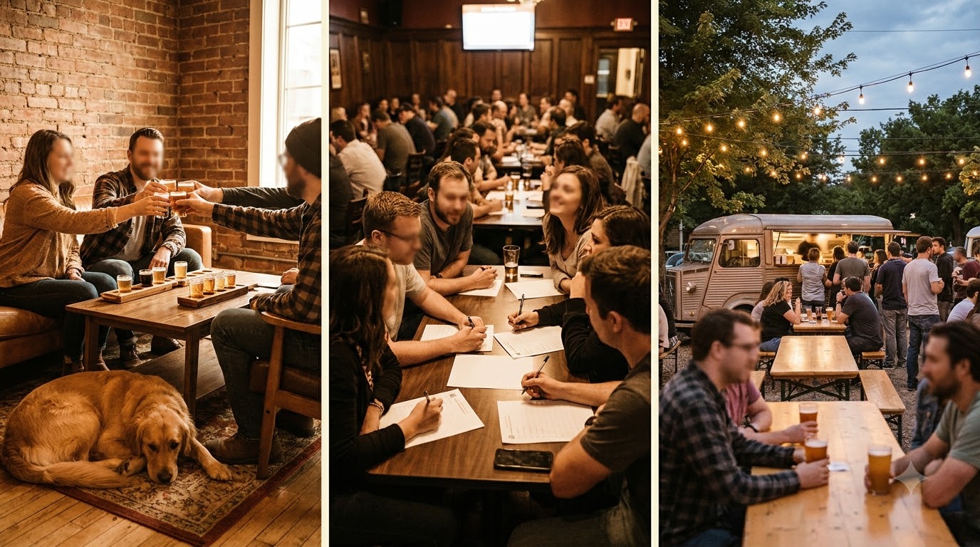 A dog-friendly neighbourhood taproom, a trivia night crowd and a beer garden at dusk
