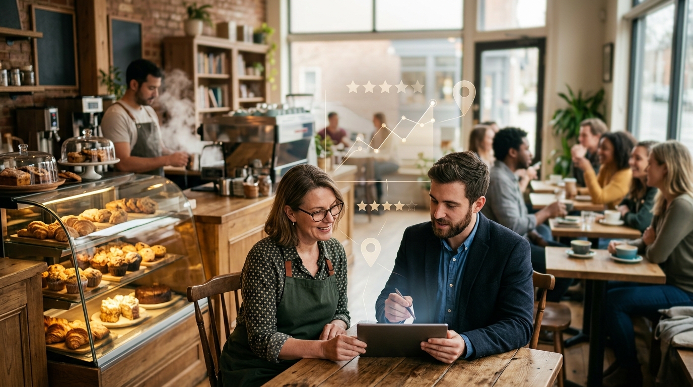 Cafe owner and a marketing consultant reviewing results on a tablet