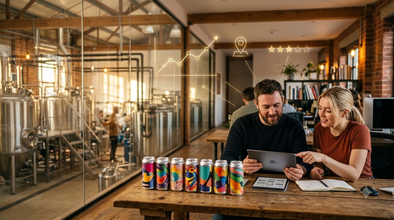 Craft beer brand team planning social content beside colourful beer cans