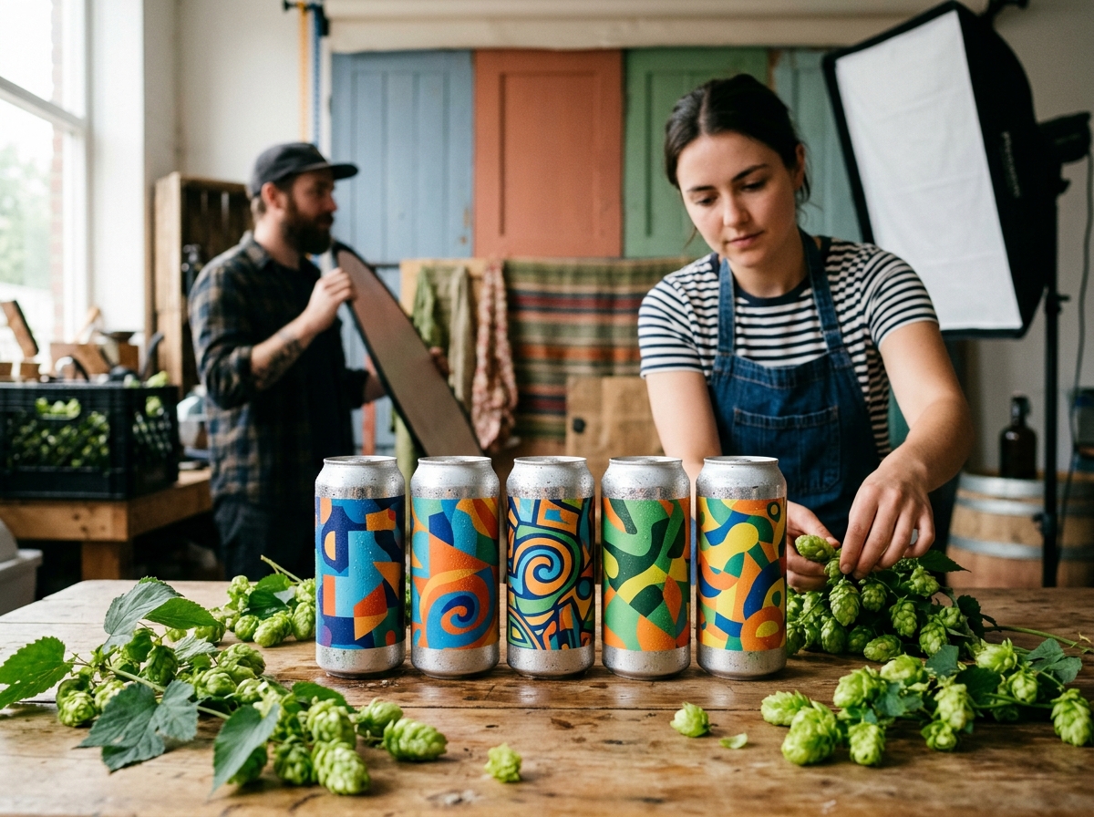 Product photo shoot of craft beer cans with hops and condensation