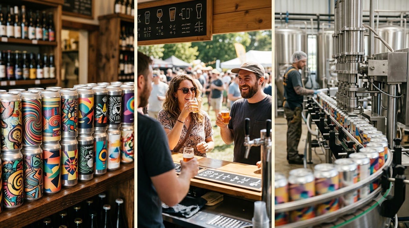 Craft beer on a store shelf, tasting at a beer festival and a canning line