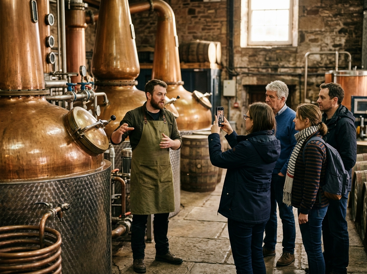 Visitors on a guided distillery tour listening to the distiller beside copper stills