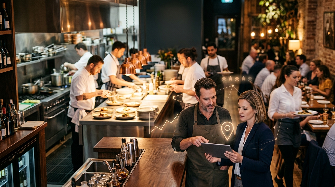 Restaurant owner and marketing consultant review a tablet as chefs plate dishes in an open kitchen