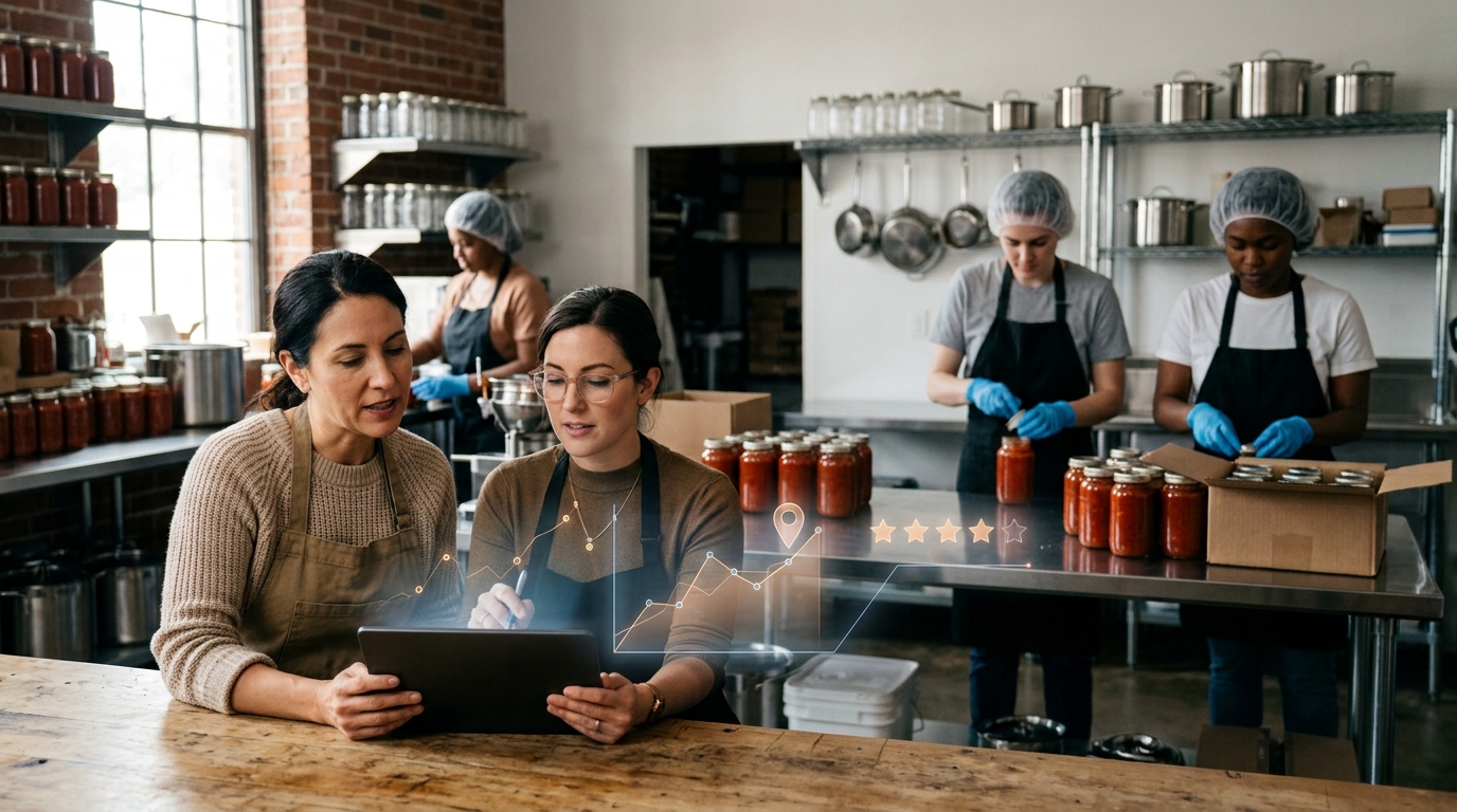 Food brand owner and a marketing consultant reviewing results on a tablet