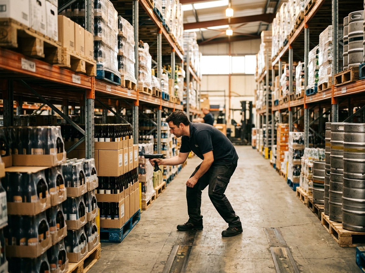 Warehouse staff scanning stock in a beverage wholesaler aisle