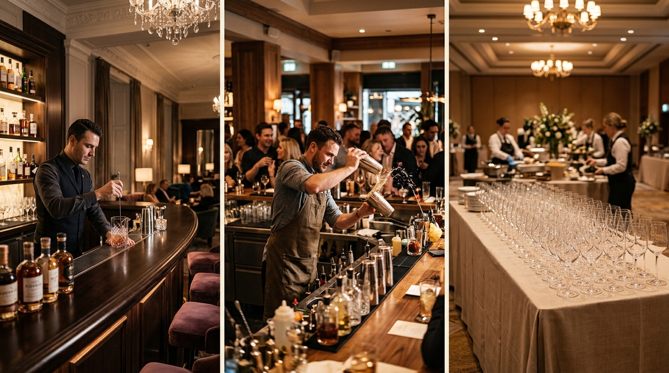 A hotel lobby bar, a busy restaurant bar and a catering event set-up
