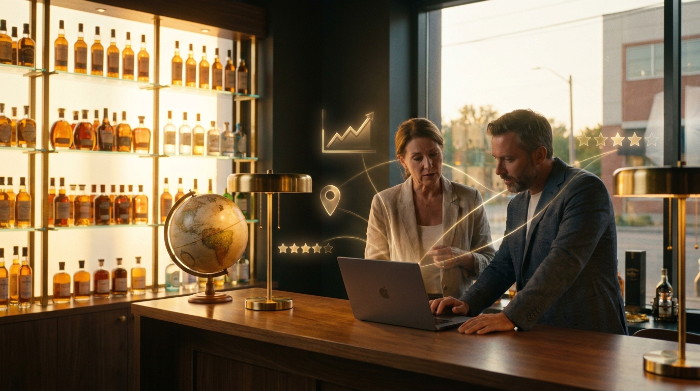 Owner of an imported spirits boutique and a marketing consultant reviewing a laptop at the counter