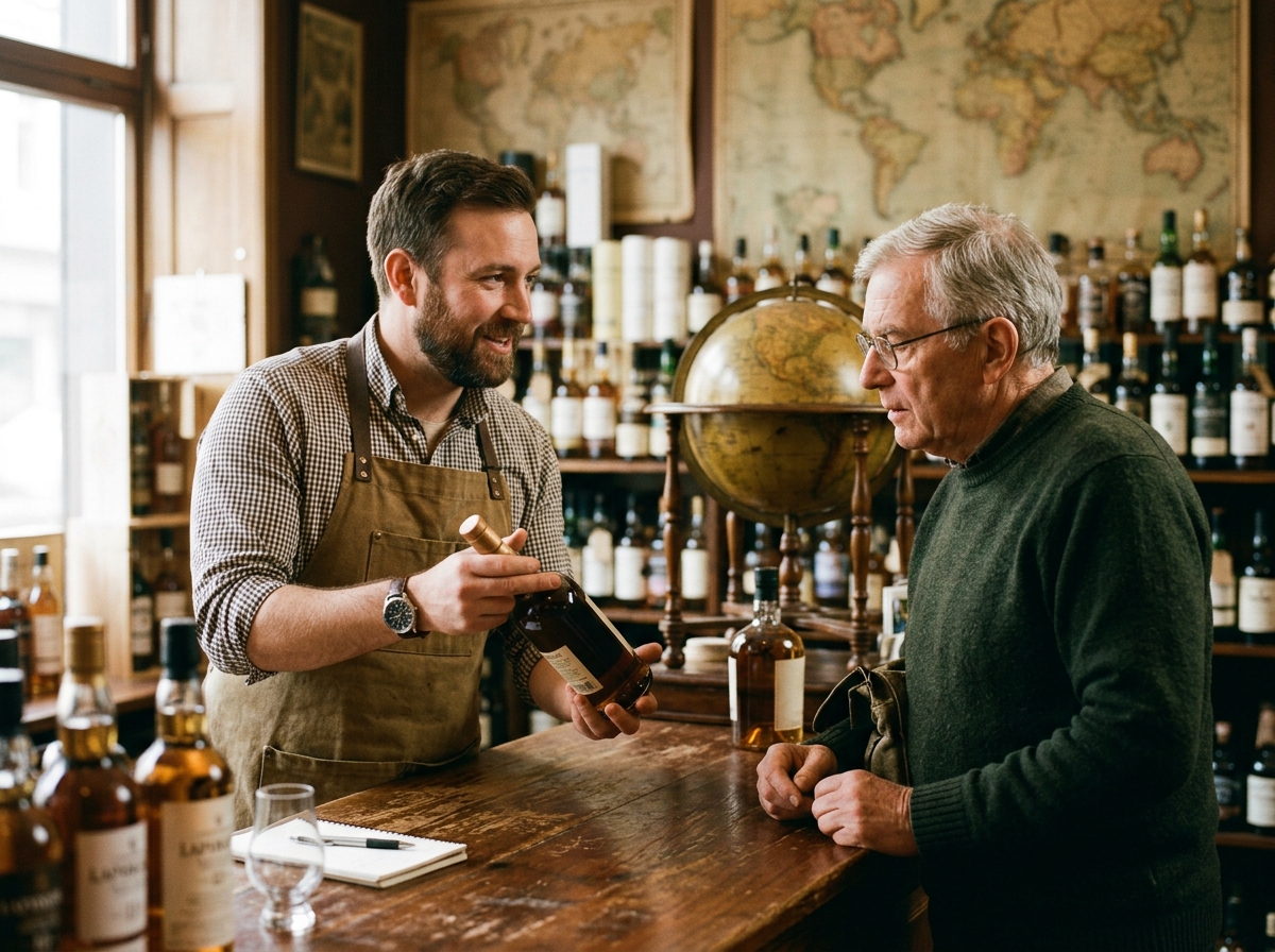 Liquor retailer showing a bottle to a customer at the counter of a shop lined with spirits and wine