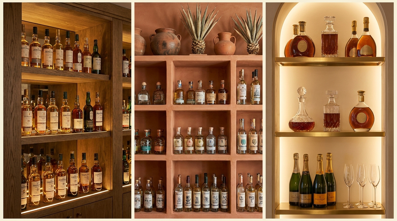 A Scotch whisky shelf, a tequila and mezcal section and a cognac and champagne display