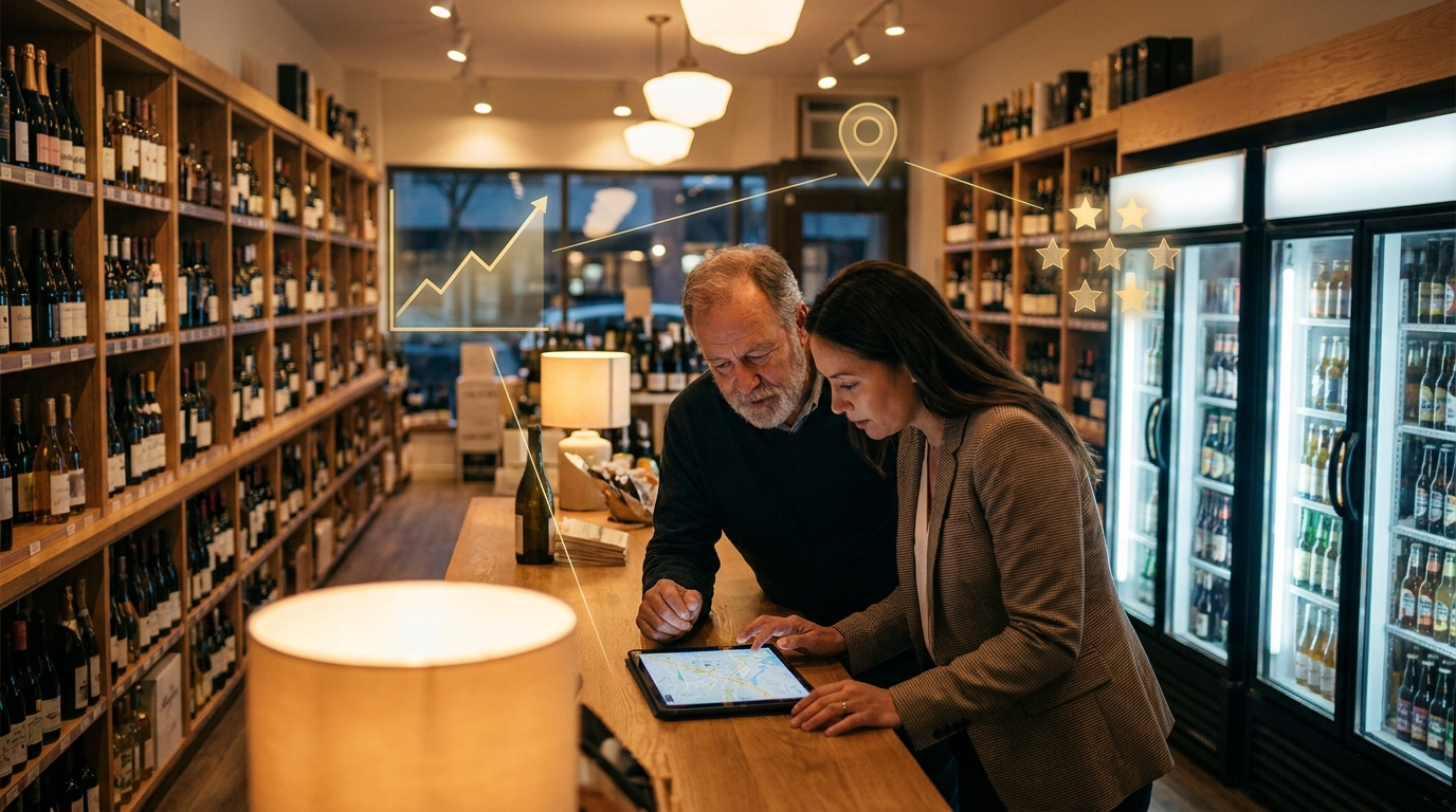 Liquor store owner and a marketing consultant at the checkout looking at local search results on a tablet