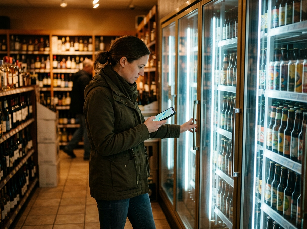Customer choosing a craft beer from a store fridge while checking their phone