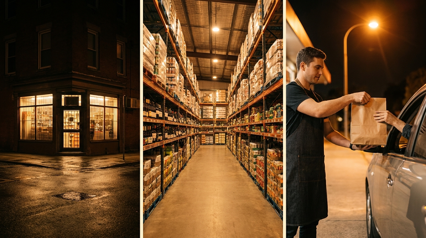 A corner liquor store at night, a drinks superstore aisle and curbside pickup