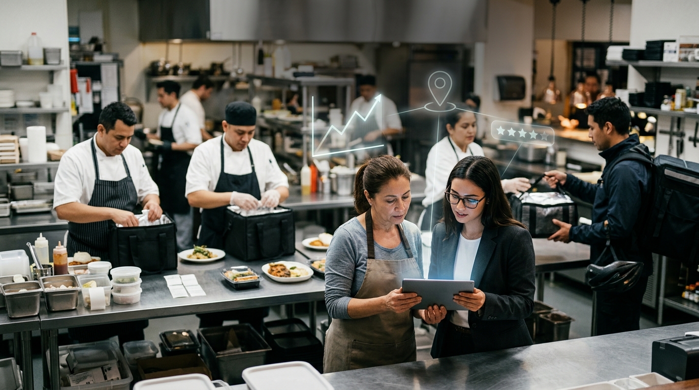 Food delivery business owner and a marketing consultant reviewing results on a tablet
