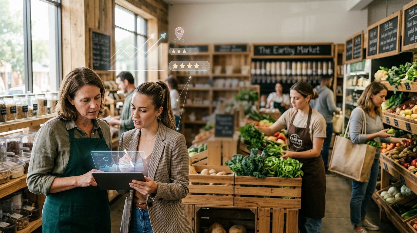 Organic food store owner and a marketing consultant reviewing results on a tablet