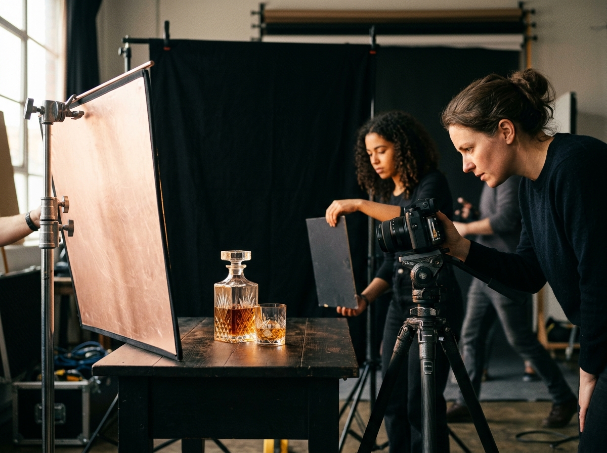 Behind the scenes of a premium spirits photo shoot with rose-gold lighting
