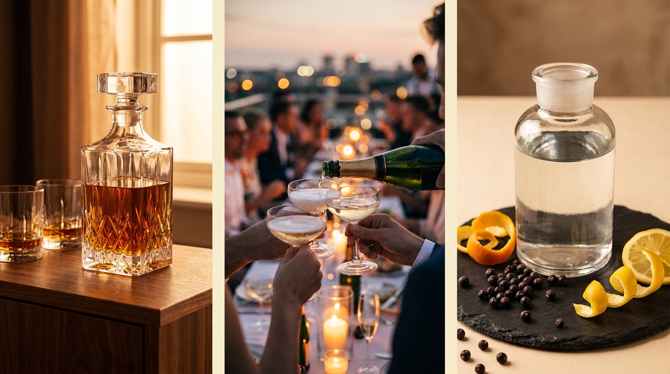 Whisky in a crystal decanter, champagne poured at a rooftop event and craft gin with botanicals