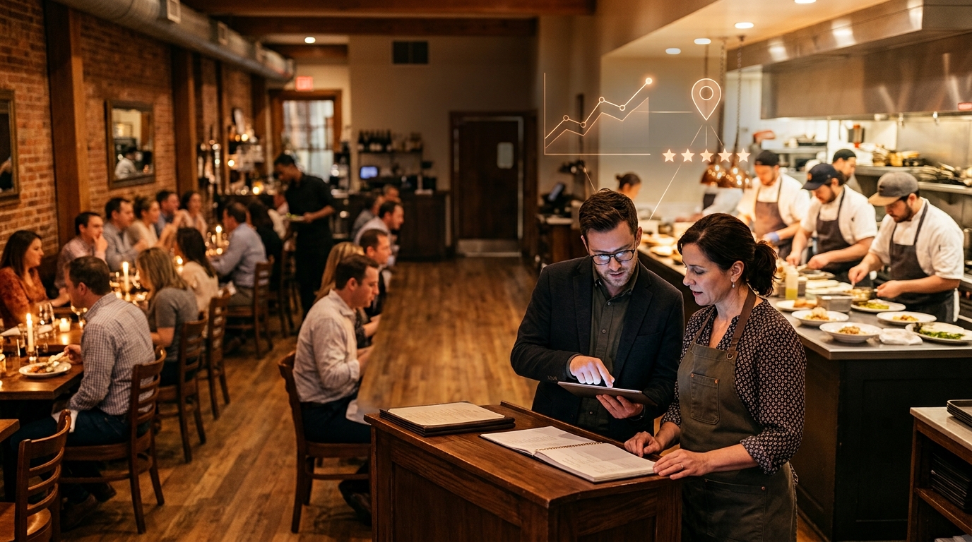 Restaurant owner and a marketing consultant reviewing results on a tablet
