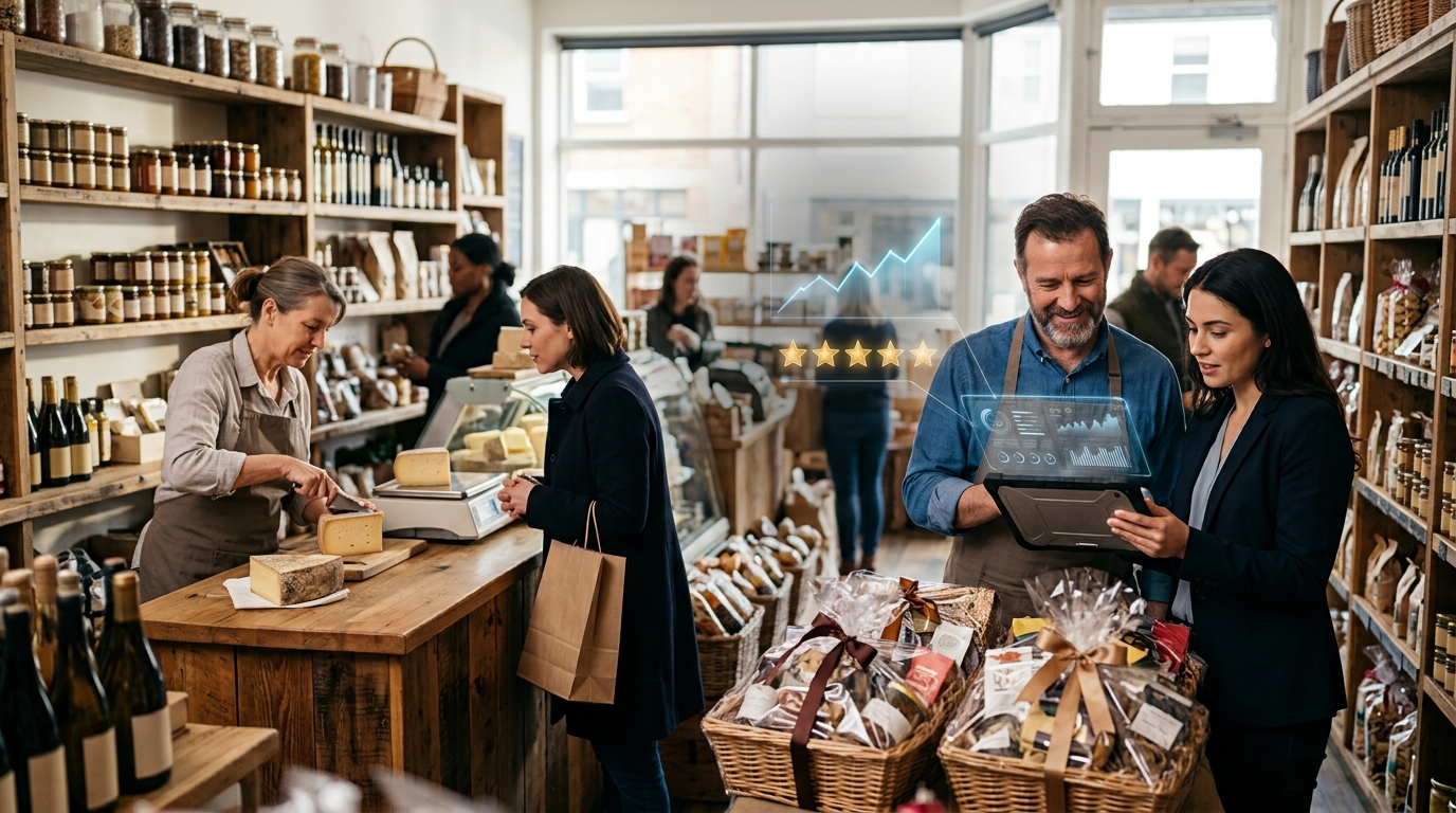 Specialty food store owner and a marketing consultant reviewing results on a tablet