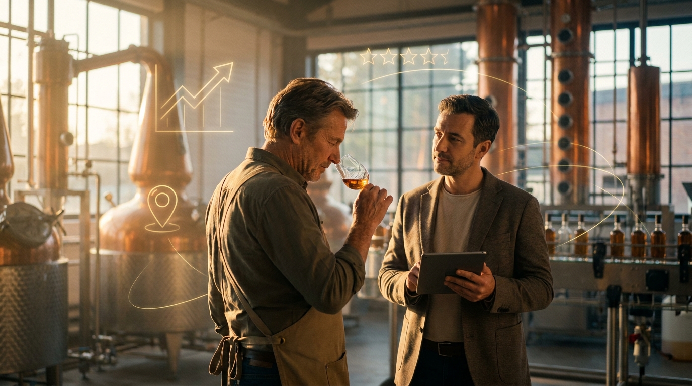Master distiller nosing a glass of spirit next to a marketing consultant in a spirits production facility