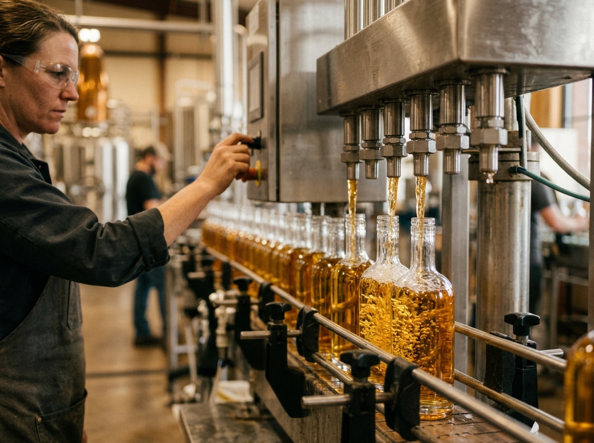 Spirits bottling line with bottles being filled with golden liquid
