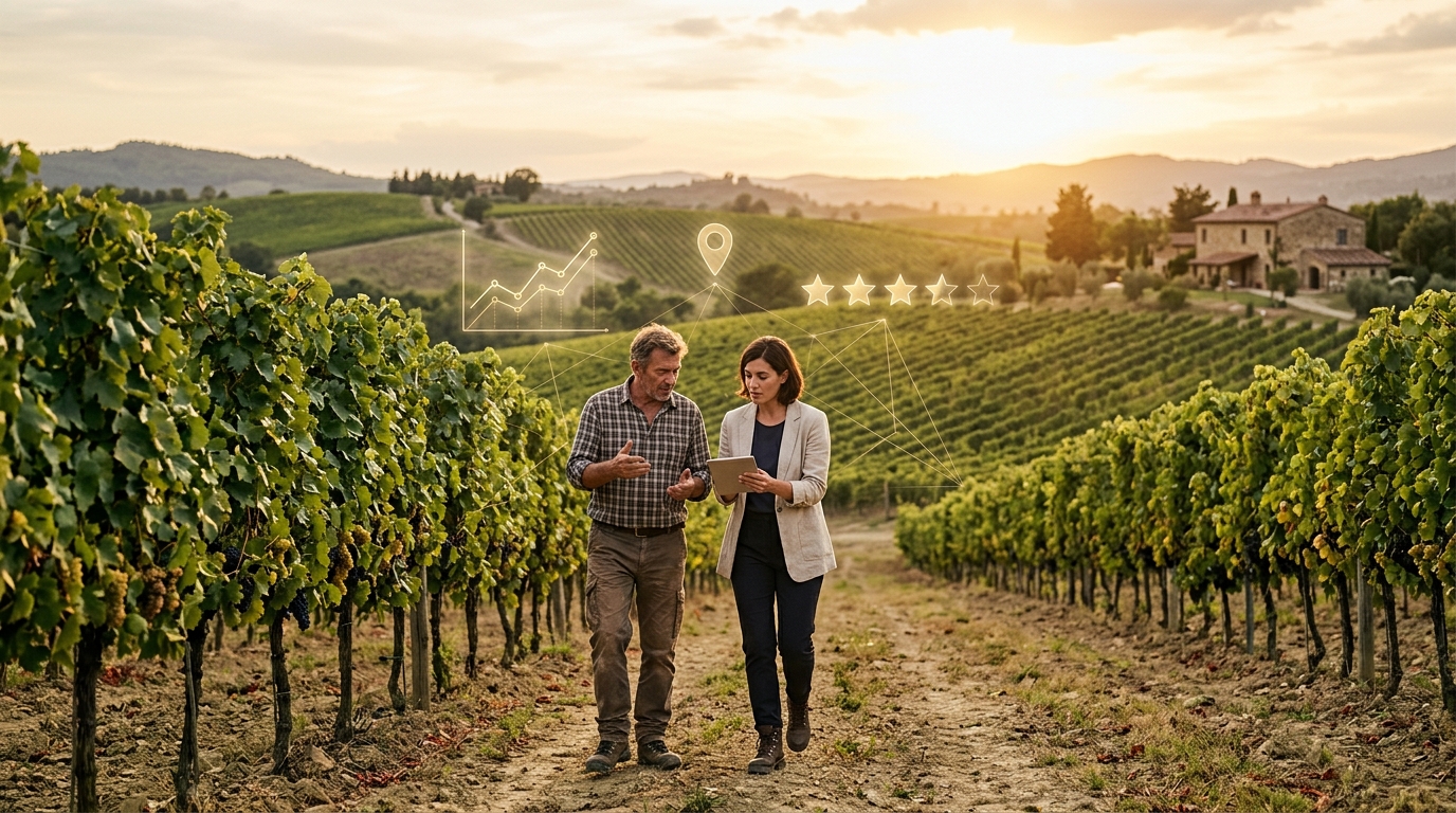 Vineyard owner and a marketing consultant walking the vine rows with a tablet at golden hour