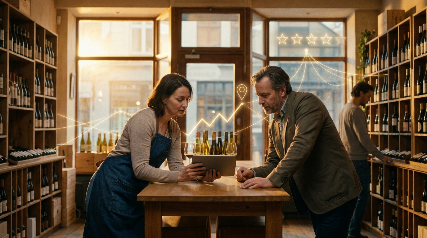 Wine shop owners reviewing sales data on a tablet at a table among the wine shelves