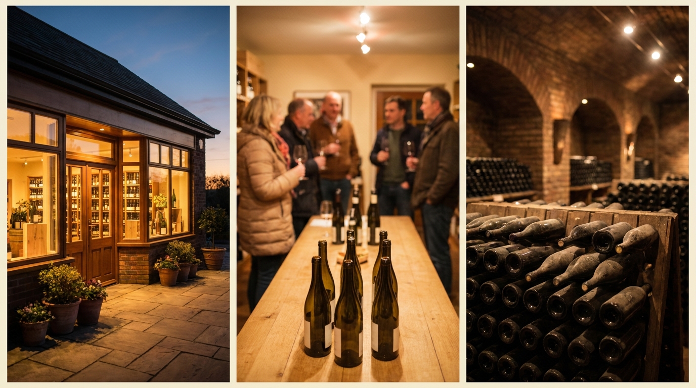 A boutique wine shop at dusk, an in-store tasting and a fine-wine cellar