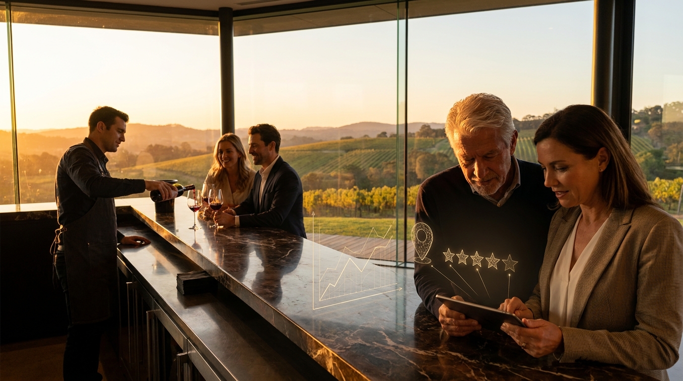 Venue owner and a marketing consultant with a tablet in a sunset wine tasting room over the vineyards