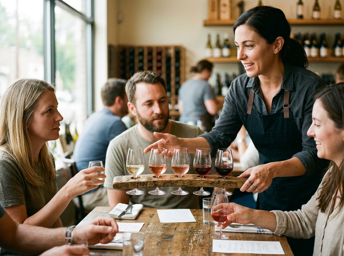 Sommelier guiding guests through a wine flight