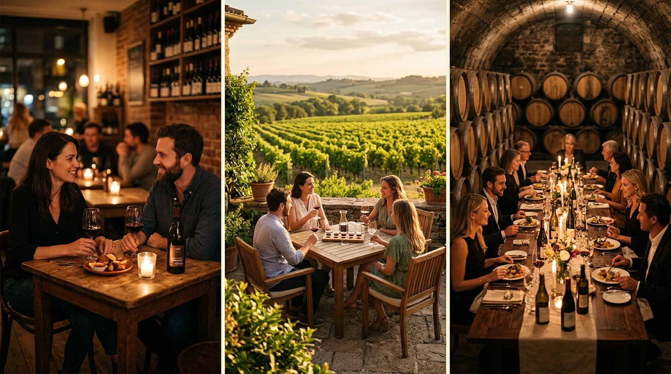 An urban wine bar, a winery tasting terrace and a private pairing dinner in a barrel cellar